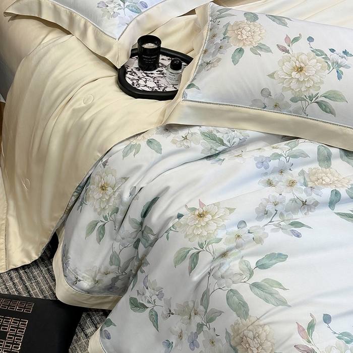 91家纺网 家纺一手货源 找家纺 若未家居 LOVEWE HOUSE 2025新款兰精天丝印花夏被及夏被四件套 白茶（床单款+床盖款）