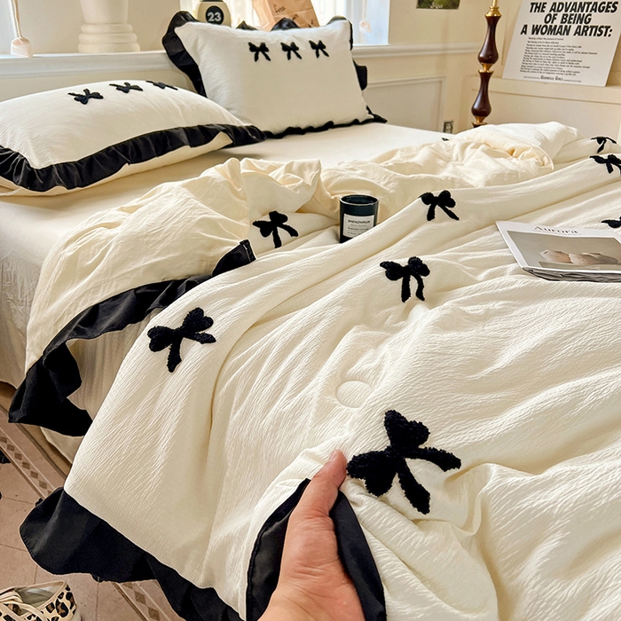 91家纺网 家纺一手货源 找家纺 梦之岛 2025新款韩版小泡泡水洗棉毛巾绣四件套-蝶梦 蝶梦蝴蝶结-奶白