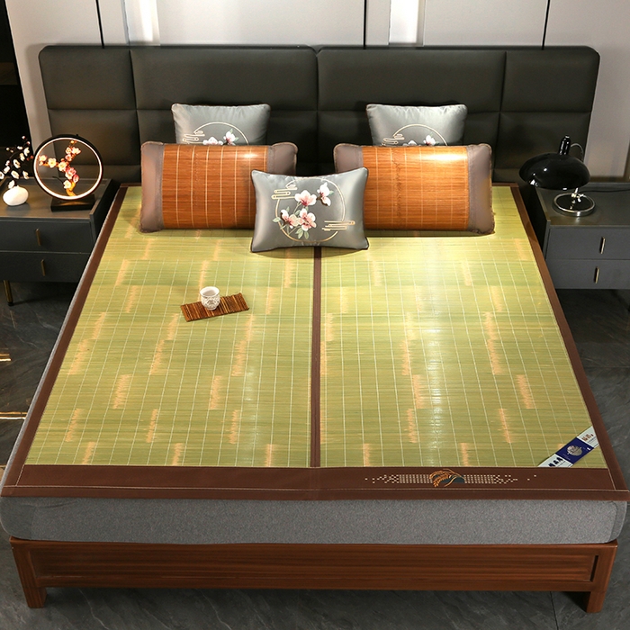 91家纺网 家纺一手货源 找家纺 森璐家纺 2025新款茶香养生竹席藤席草席冰丝席凉席子 竹叶青-反面冰丝