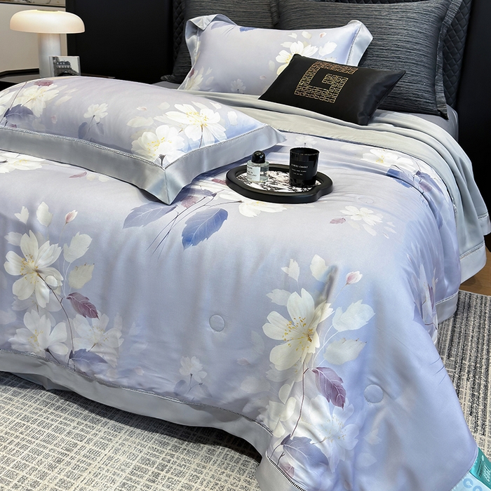 91家纺网 家纺一手货源 找家纺 若未家居 LOVEWE HOUSE 2025新款兰精天丝印花夏被及夏被四件套 紫郁气氛（床单款+床盖款）