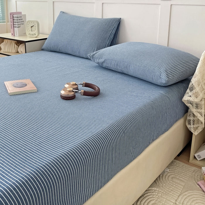 91家纺网 家纺一手货源 找家纺 2025新款全棉水洗棉套件-单床笠 蓝细条