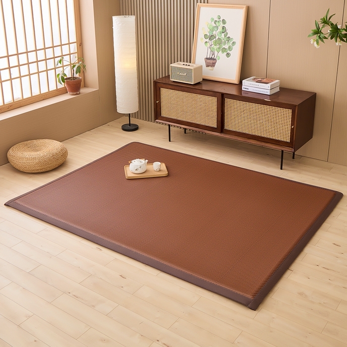 91家纺网 家纺一手货源 找家纺 绒艺席业 2025新款PE藤席地垫 斜纹编织 咖