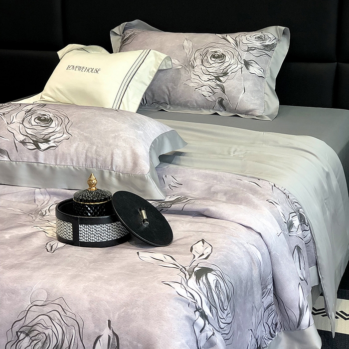 91家纺网 家纺一手货源 找家纺 若未家居 LOVEWE HOUSE 2025新款兰精天丝印花夏被及夏被四件套 叶罗丽玫瑰 灰（床单款+床盖款）
