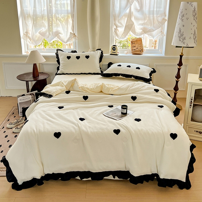 91家纺网 家纺一手货源 找家纺 梦之岛 2025新款韩版小泡泡水洗棉毛巾绣四件套-蝶梦 蝶梦爱心-奶白