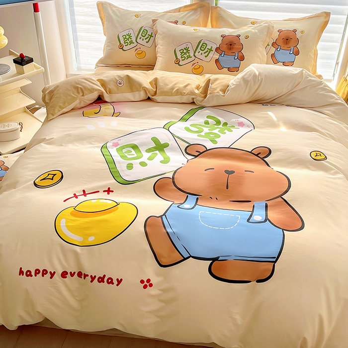 91家纺网 家纺一手货源 找家纺 2025新款原创设计卡皮巴拉全棉四件套-有作品登记证书 发财巴拉