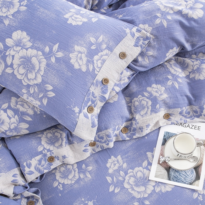 91家纺网 家纺一手货源 找家纺 2025新款全棉色织双层纱纽扣款四件套 云纱-浅兰