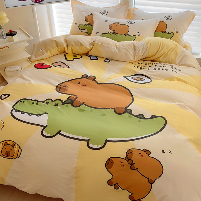 91家纺网 家纺一手货源 找家纺 2025新款原创设计卡皮巴拉全棉四件套-有作品登记证书 趴趴巴拉