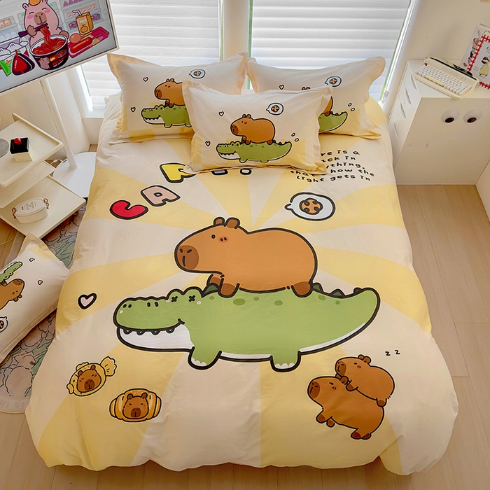 91家纺网 家纺一手货源 找家纺 2025新款原创设计卡皮巴拉全棉四件套-有作品登记证书 趴趴巴拉