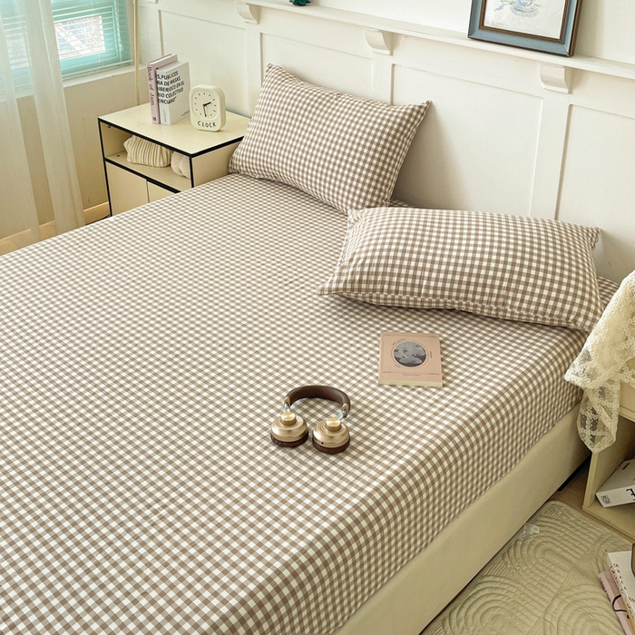 91家纺网 家纺一手货源 找家纺 2025新款全棉水洗棉套件-单床笠 米小格