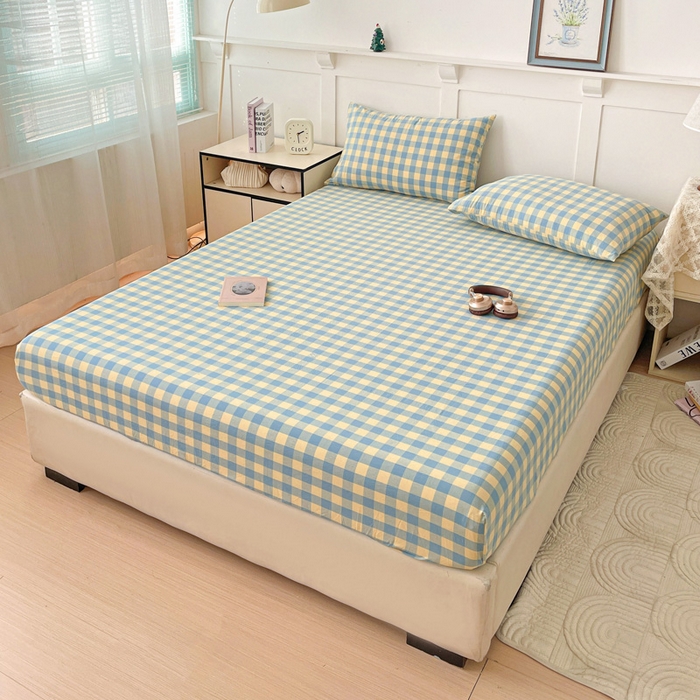 91家纺网 家纺一手货源 找家纺 2025新款全棉水洗棉套件-单床笠 蓝黄三分格