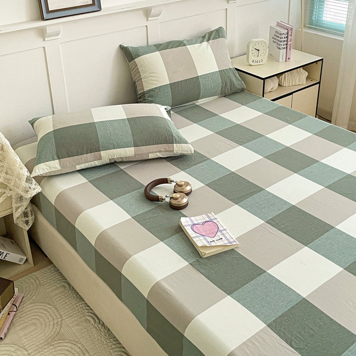 91家纺网 家纺一手货源 找家纺 2025新款全棉水洗棉套件-单床笠 绿大格