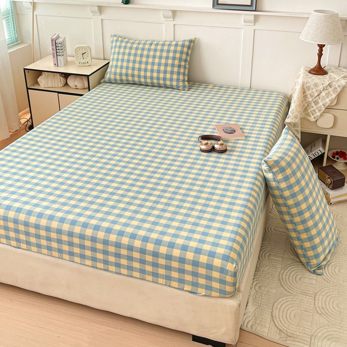 91家纺网 家纺一手货源 找家纺 2025新款全棉水洗棉套件-单床笠 蓝黄三分格