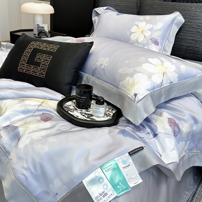 91家纺网 家纺一手货源 找家纺 若未家居 LOVEWE HOUSE 2025新款兰精天丝印花夏被及夏被四件套 紫郁气氛（床单款+床盖款）