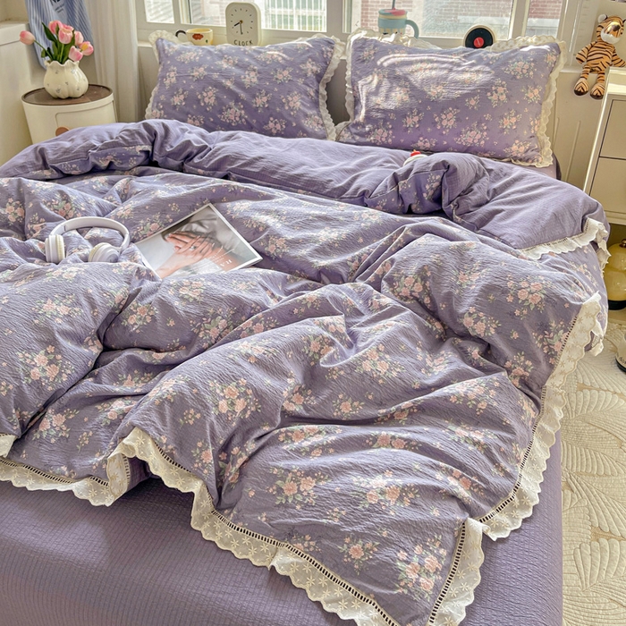 91家纺网 家纺一手货源 找家纺 仟网汇 2025新款云感皱皱双层纱全棉花边四件套 豆蔻