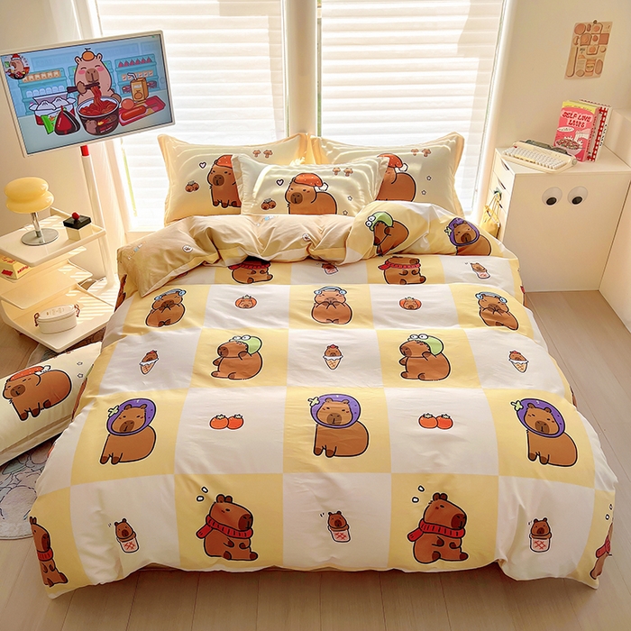 91家纺网 家纺一手货源 找家纺 2025新款原创设计卡皮巴拉全棉四件套-有作品登记证书 方格巴拉