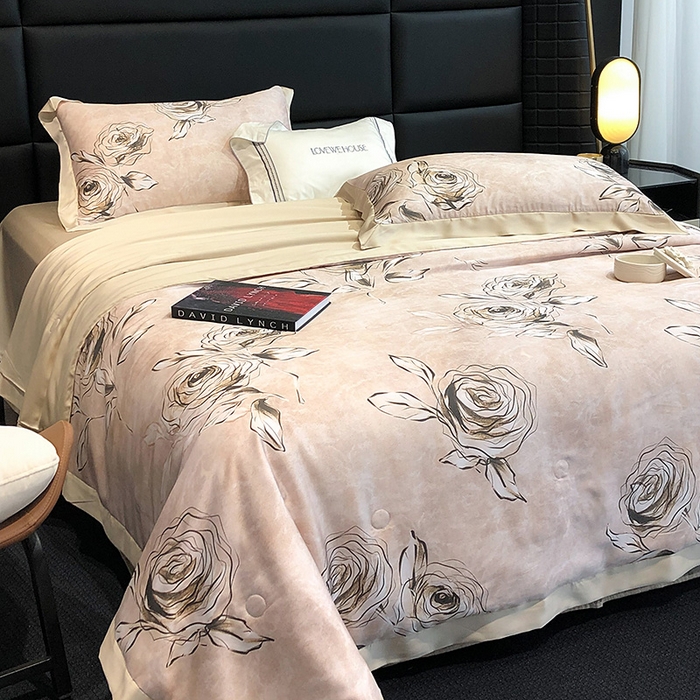 91家纺网 家纺一手货源 找家纺 若未家居 LOVEWE HOUSE 2025新款兰精天丝印花夏被及夏被四件套 叶罗丽玫瑰 米（床单款+床盖款）