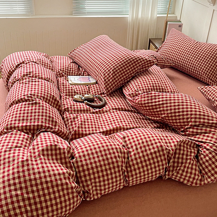 91家纺网 家纺一手货源 找家纺 大柏树 2025新款全棉水洗棉套件-床单四件套 云素红