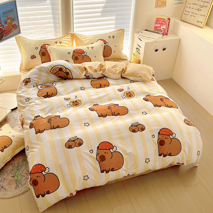 91家纺网 家纺一手货源 找家纺 2025新款原创设计卡皮巴拉全棉四件套-有作品登记证书 条纹巴拉