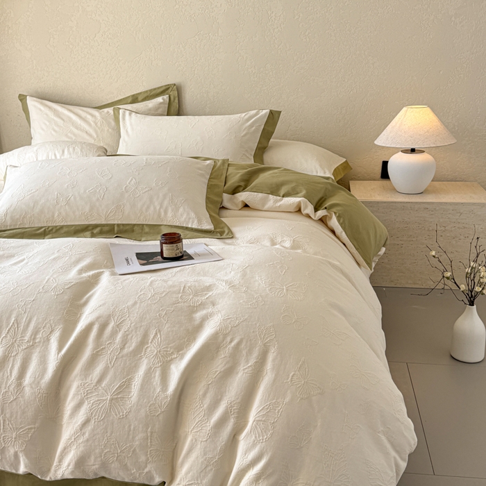 91家纺网 家纺一手货源 找家纺 若未家居 LOVEWE HOUSE 2025新款50S色织空气层水洗大提花全棉四件套 梦蝶-春日白