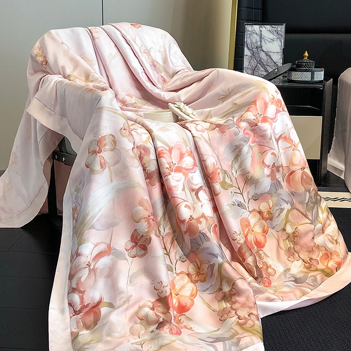 91家纺网 家纺一手货源 找家纺 若未家居 LOVEWE HOUSE 2025新款兰精天丝印花夏被及夏被四件套 花西子 粉（床单款+床盖款）