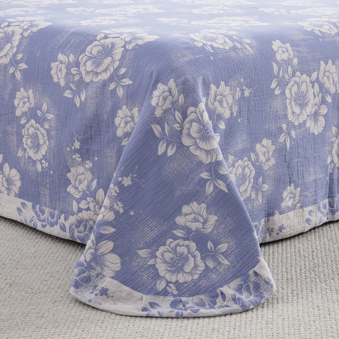 91家纺网 家纺一手货源 找家纺 2025新款全棉色织双层纱纽扣款四件套 云纱-浅兰