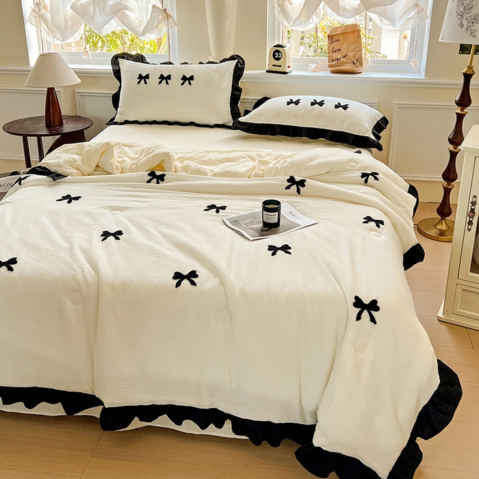 91家纺网 家纺一手货源 找家纺 梦之岛 2025新款韩版小泡泡水洗棉毛巾绣四件套-蝶梦 蝶梦蝴蝶结-奶白