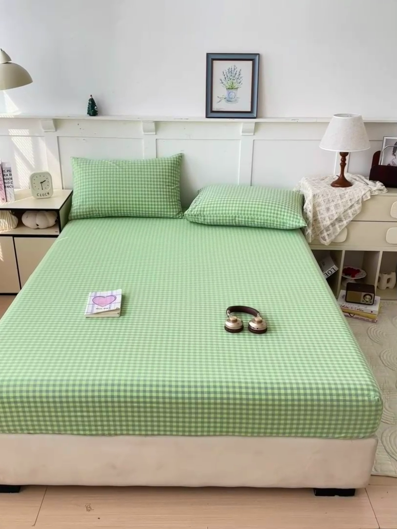 91家纺网 家纺一手货源 找家纺 2025新款全棉水洗棉套件-单床笠 艾莎绿小格