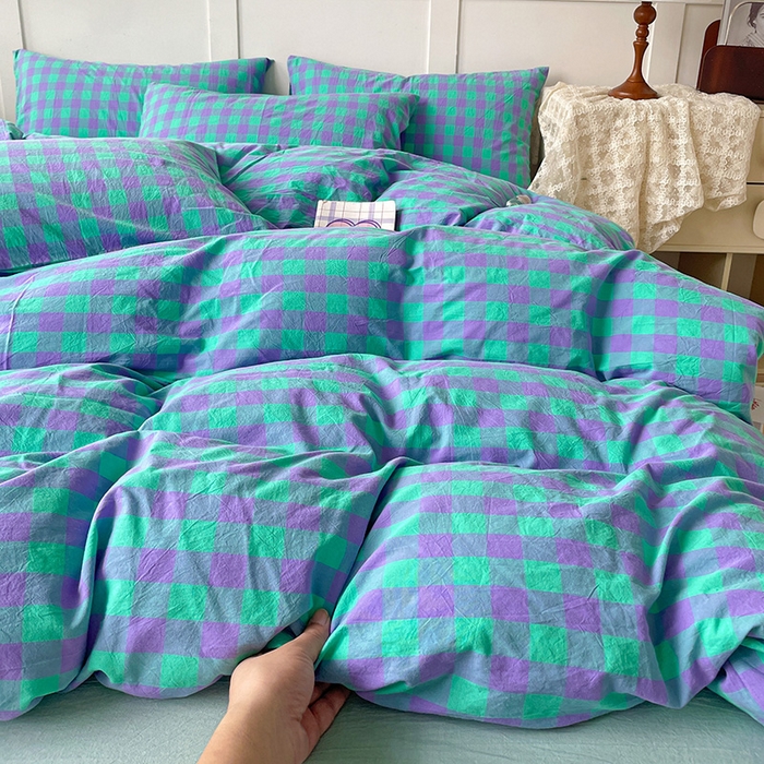 91家纺网 家纺一手货源 找家纺 大柏树 2025新款全棉水洗棉套件-床单四件套 绿紫中格