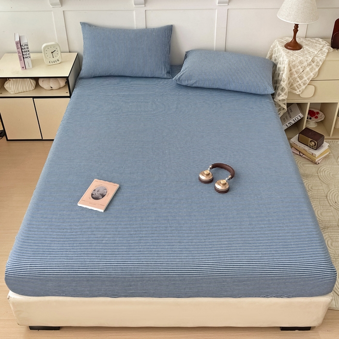 91家纺网 家纺一手货源 找家纺 2025新款全棉水洗棉套件-单床笠 蓝细条