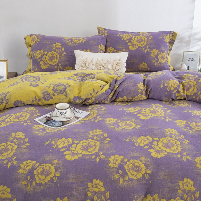 91家纺网 家纺一手货源 找家纺 2025新款全棉色织双层纱纽扣款四件套 云纱-浅紫