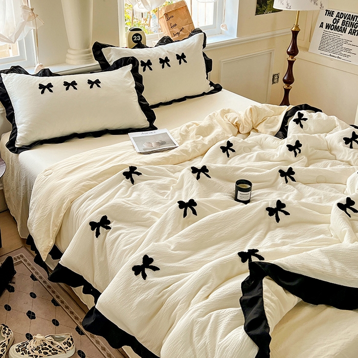 91家纺网 家纺一手货源 找家纺 梦之岛 2025新款韩版小泡泡水洗棉毛巾绣四件套-蝶梦 蝶梦蝴蝶结-奶白