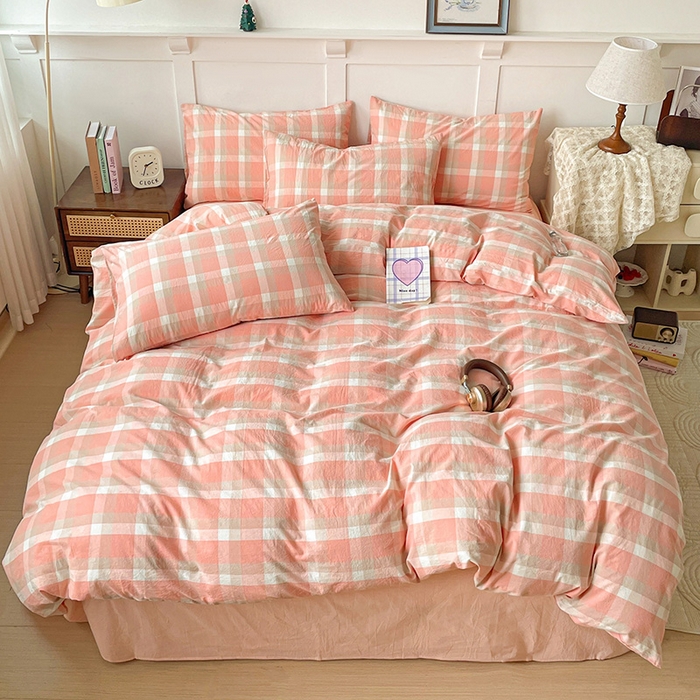 91家纺网 家纺一手货源 找家纺 大柏树 2025新款全棉水洗棉套件-床单四件套 洛伊粉咖小格