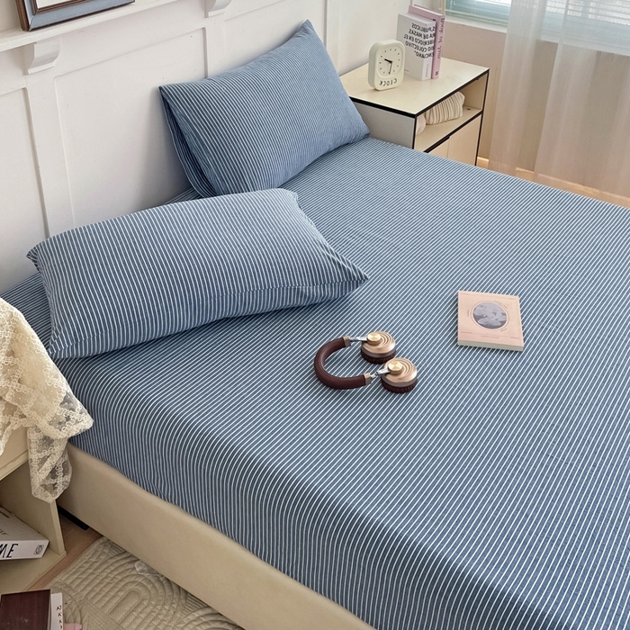 91家纺网 家纺一手货源 找家纺 2025新款全棉水洗棉套件-单床笠 蓝细条