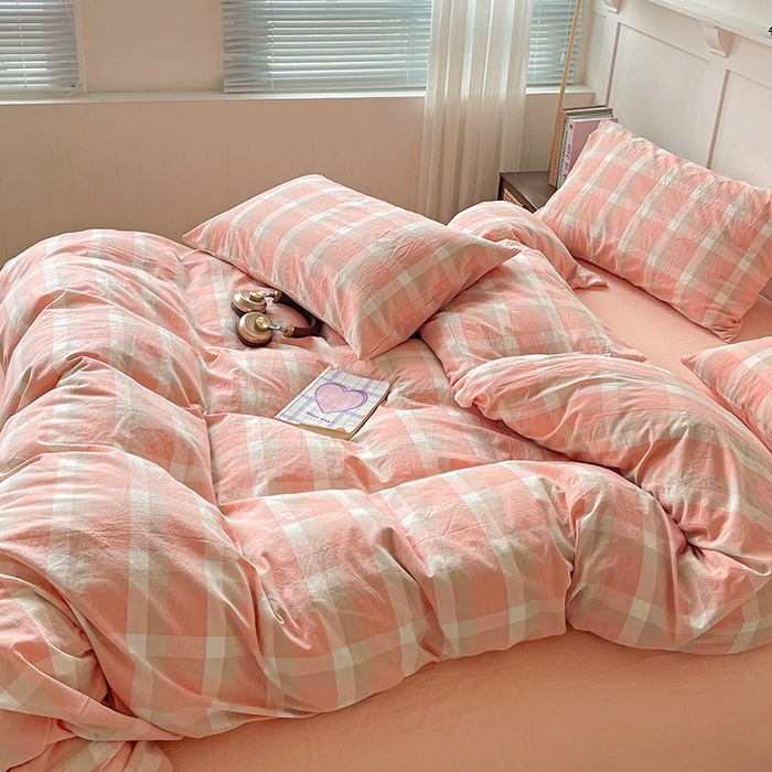 91家纺网 家纺一手货源 找家纺 大柏树 2025新款全棉水洗棉套件-床单四件套 洛伊粉咖小格