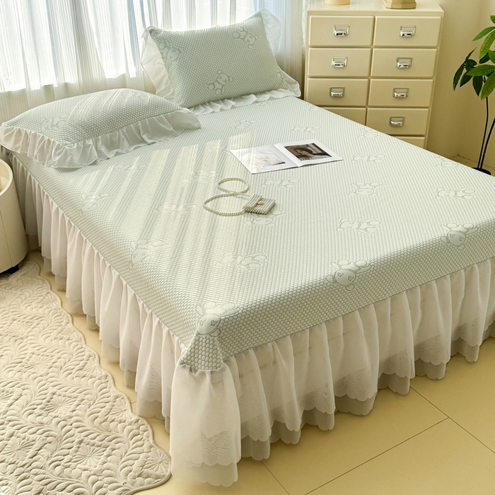 91家纺网 家纺一手货源 找家纺 999家纺   2025新款凉感提花冰豆豆凉席三件套 冰块熊-绿（床盖款）