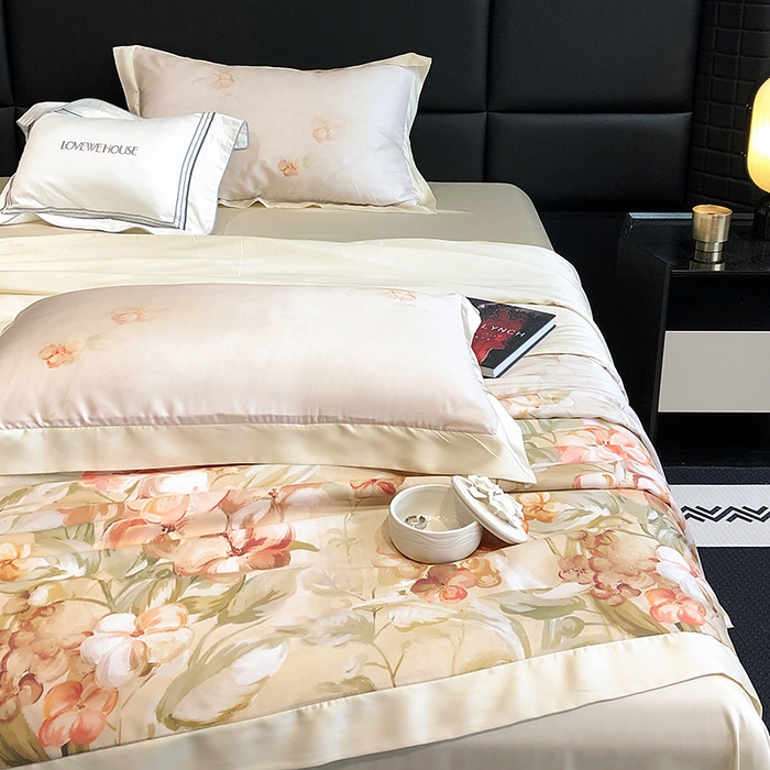 91家纺网 家纺一手货源 找家纺 若未家居 LOVEWE HOUSE 2025新款兰精天丝印花夏被及夏被四件套 花西子 米（床单款+床盖款）