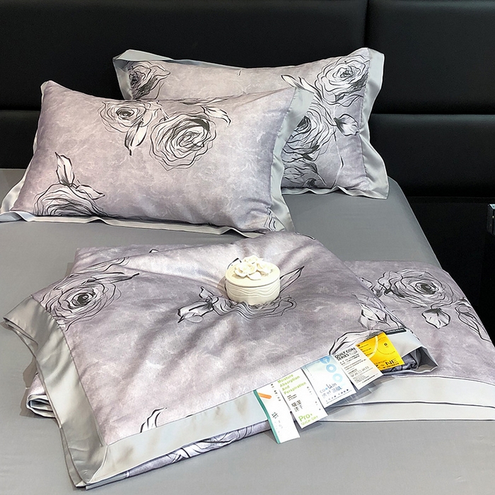 91家纺网 家纺一手货源 找家纺 若未家居 LOVEWE HOUSE 2025新款兰精天丝印花夏被及夏被四件套 叶罗丽玫瑰 灰（床单款+床盖款）