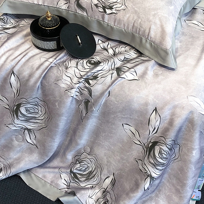 91家纺网 家纺一手货源 找家纺 若未家居 LOVEWE HOUSE 2025新款兰精天丝印花夏被及夏被四件套 叶罗丽玫瑰 灰（床单款+床盖款）