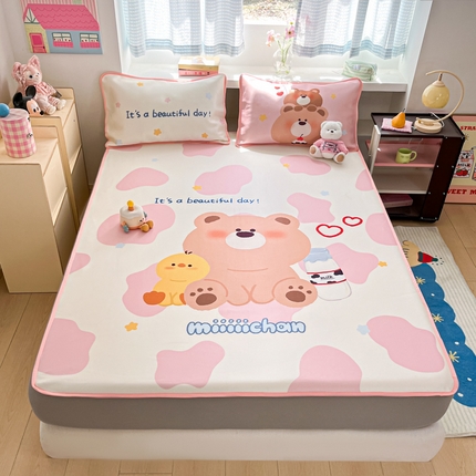 金爱家 2025新款正版授权miiiiichan可爱卡通大版数码印花A类1200D冰感丝凉感席冰丝三件套平铺床笠系列 牛奶小熊