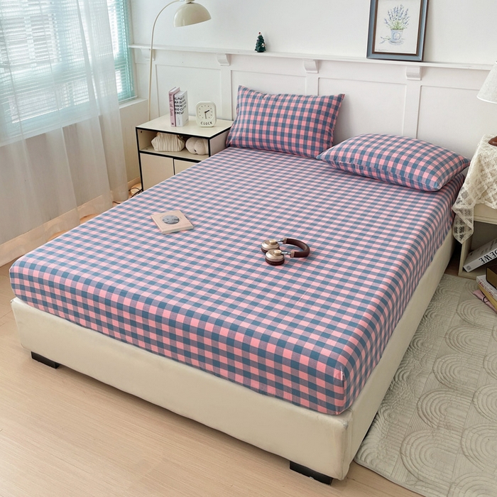 91家纺网 家纺一手货源 找家纺 2025新款全棉水洗棉套件-单床笠 粉灰小格