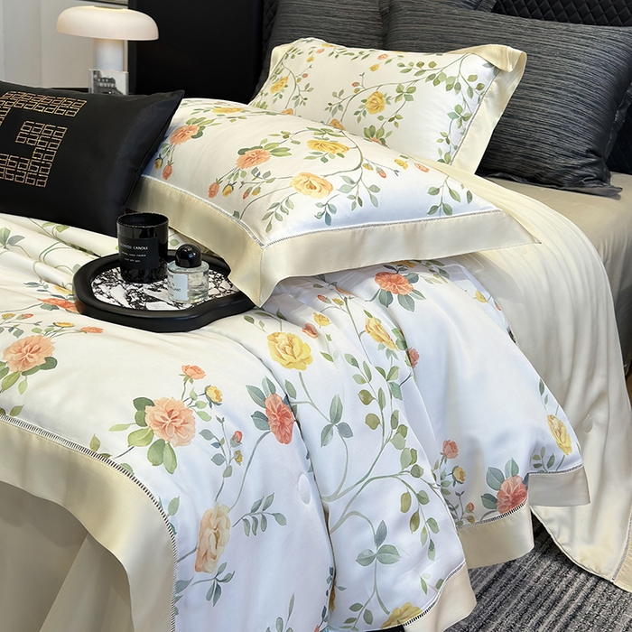 91家纺网 家纺一手货源 找家纺 若未家居 LOVEWE HOUSE 2025新款兰精天丝印花夏被及夏被四件套 奶酪玫瑰（床单款+床盖款）