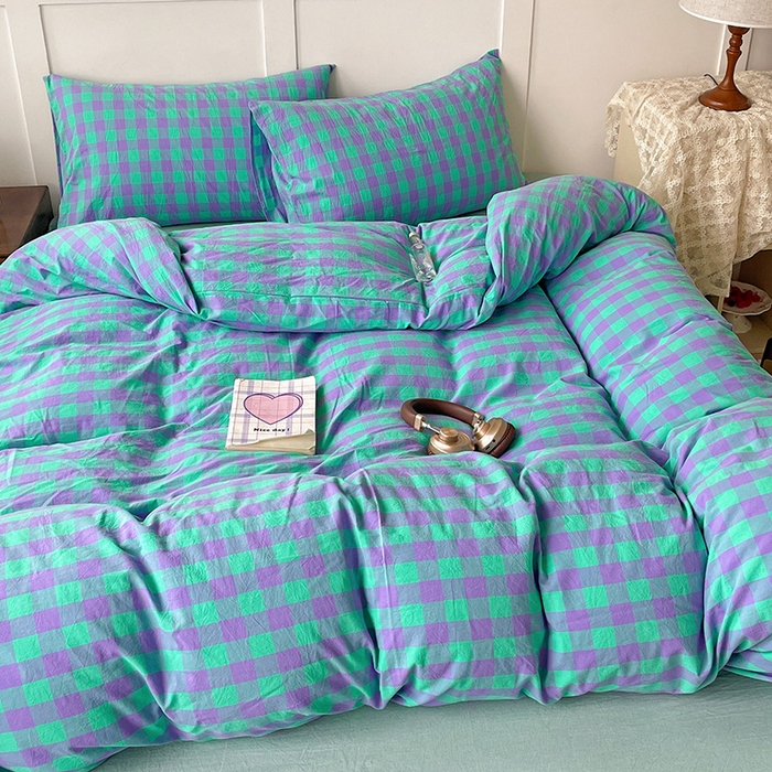 91家纺网 家纺一手货源 找家纺 大柏树 2025新款全棉水洗棉套件-床单四件套 绿紫中格