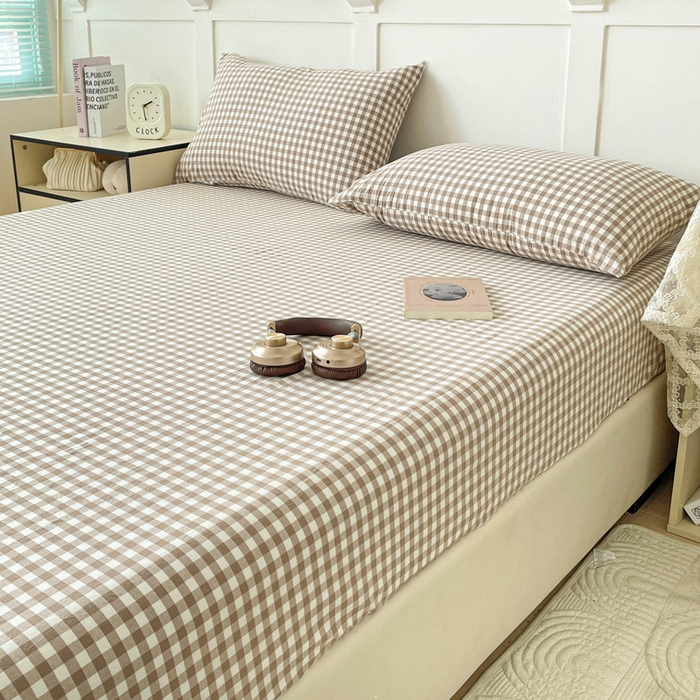 91家纺网 家纺一手货源 找家纺 2025新款全棉水洗棉套件-单床笠 米小格