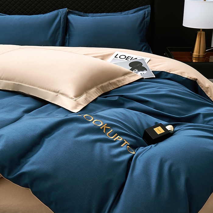 91家纺网 家纺一手货源 找家纺 皇寝世家家居 2025新款全棉纯棉A类100s长绒棉四件套刺绣绣花纯色贡缎床单款-诗雅 诗雅-藏青色