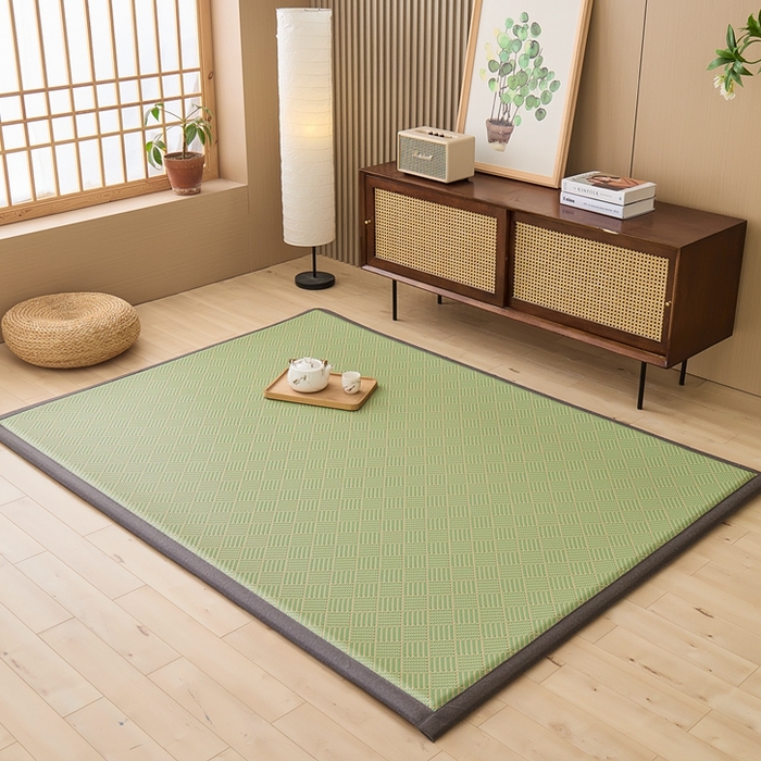 91家纺网 家纺一手货源 找家纺 绒艺席业 2025新款PE藤席地垫 饼干花 绿色