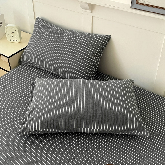 91家纺网 家纺一手货源 找家纺 2025新款全棉水洗棉套件-单床笠 灰细条