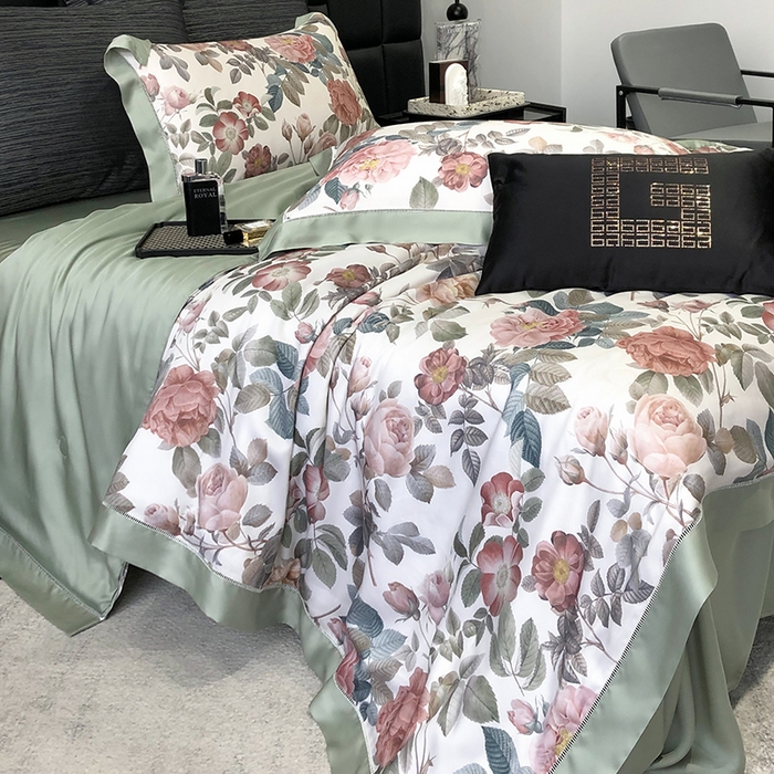 91家纺网 家纺一手货源 找家纺 若未家居 LOVEWE HOUSE 2025新款兰精天丝印花夏被及夏被四件套 玫瑰冰酿（床单款+床盖款）