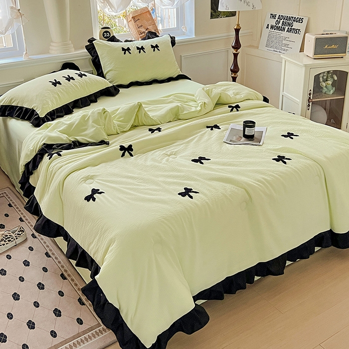 91家纺网 家纺一手货源 找家纺 梦之岛 2025新款韩版小泡泡水洗棉毛巾绣四件套-蝶梦 蝶梦蝴蝶结-绿