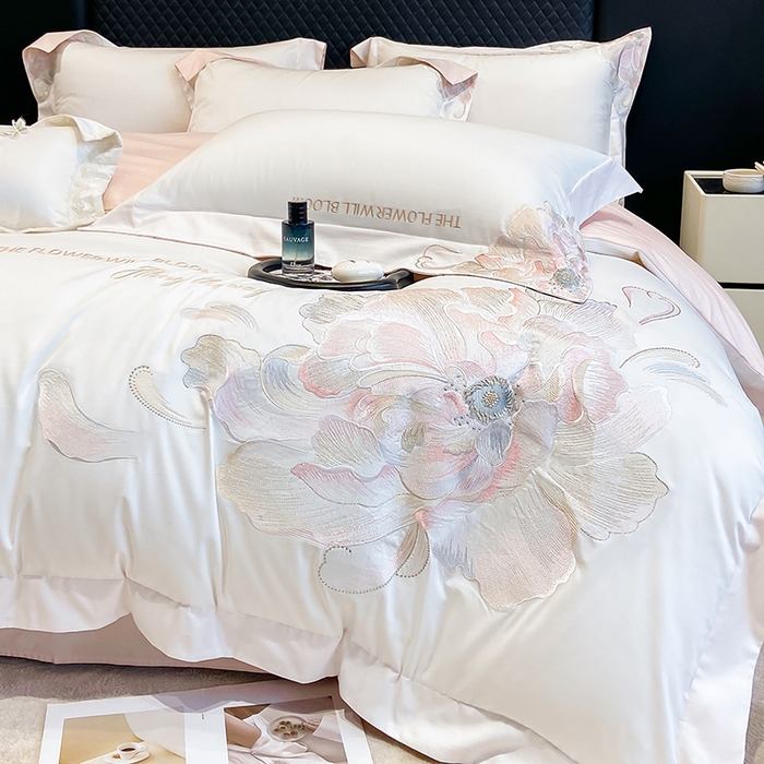 91家纺网 家纺一手货源 找家纺 星蕴家纺 2025新款100支澳棉正宗长绒棉四件套-绽放 绽放 白拼玉