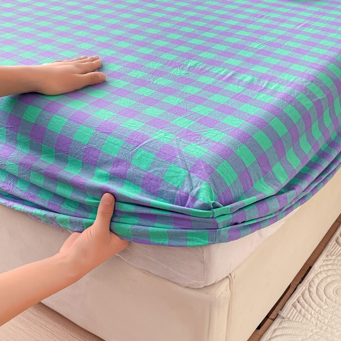 91家纺网 家纺一手货源 找家纺 2025新款全棉水洗棉套件-单床笠 绿紫中格